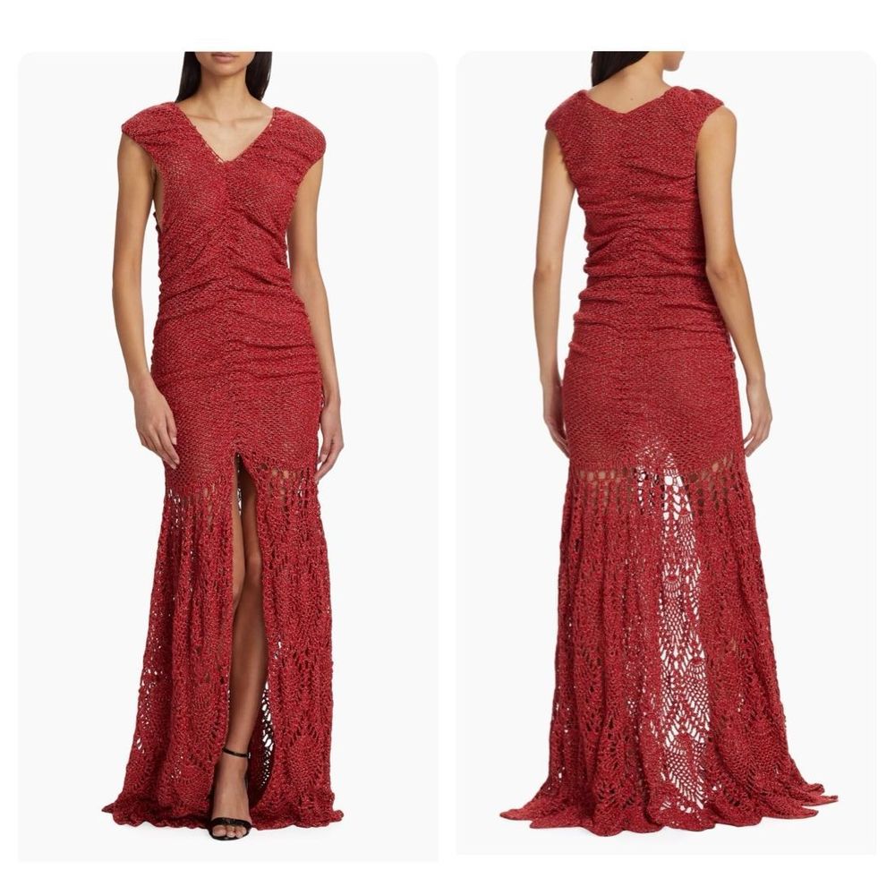 Alejandra Alonso Rojas Ruched V-Neck Crochet Gown Medium $2595